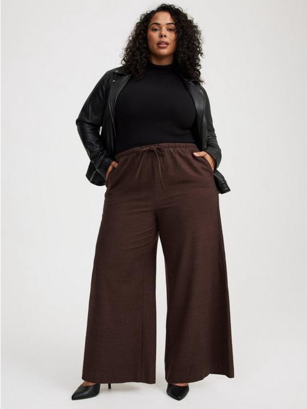 Torrid brown and black plaid mid rise pull on elastic waist wide leg trousers